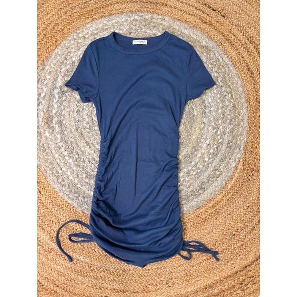 Live to be Spoiled Blue Ruched Side Tie Ribbed Knit Bodycon Dress Small